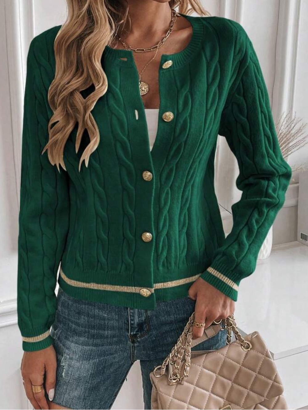 Medium Green Cable Knit Cardigan Sweater